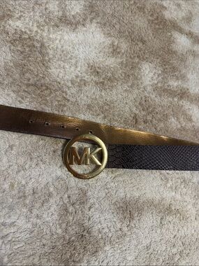Michael Kors Dark Brown Leather Belt with Gold MK Round Buckle
